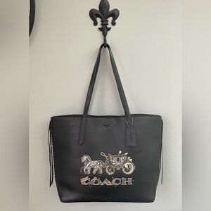 COACH Chelsea Champlan Animation Tote Black Leather Skeleton Carriage Whipstitch